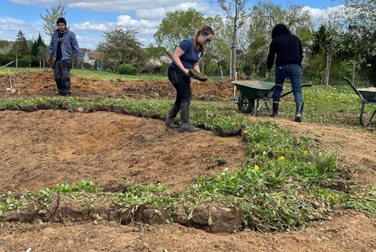 repose des pavés de terre / herbe décapés initialement, sur le pourtour, après pose de la membrane et recouvrement de terre. 